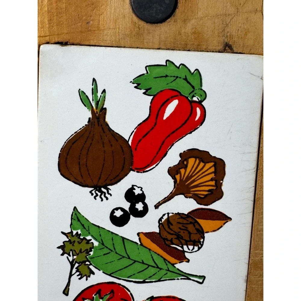 Vintage Nevco Wood Cheese Board Ceramic Tile Vegetable Inlay Japan 12.5 Inch